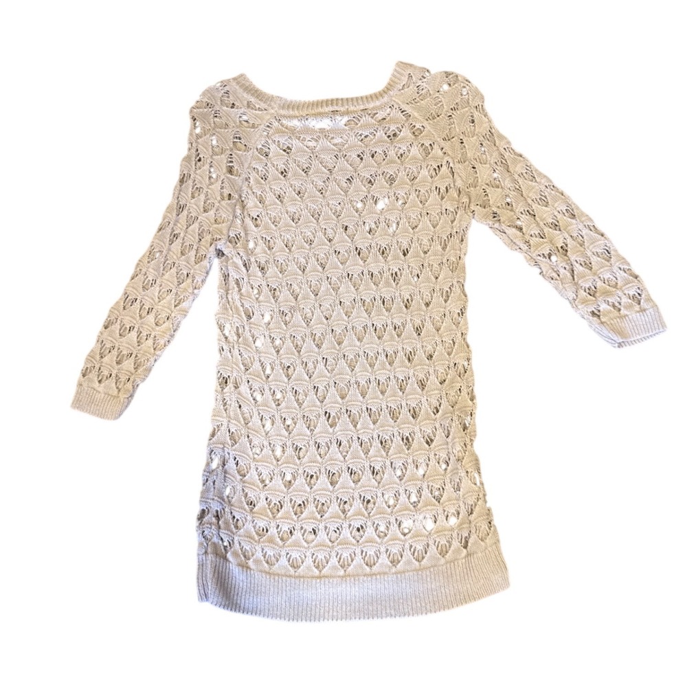 J'Envie New York Womans L Linen Blend Boho Open Knit Pointelle Sweater Beige Tan